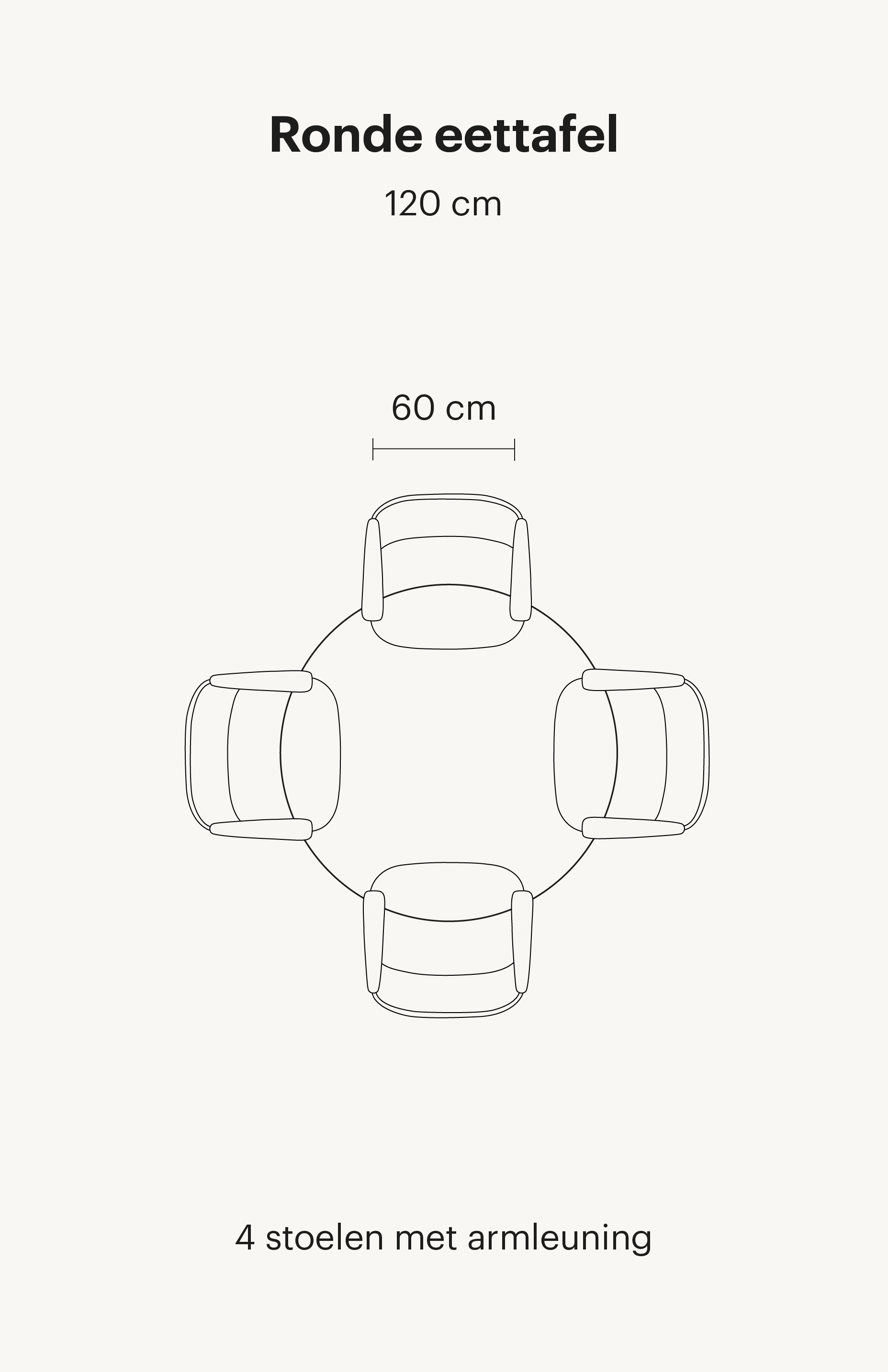 Deze afbeelding laat een ronde eettafel van 120cm zien. Deze eettafel bevat in totaal 4 eetkamerstoelen met armleuningen.
