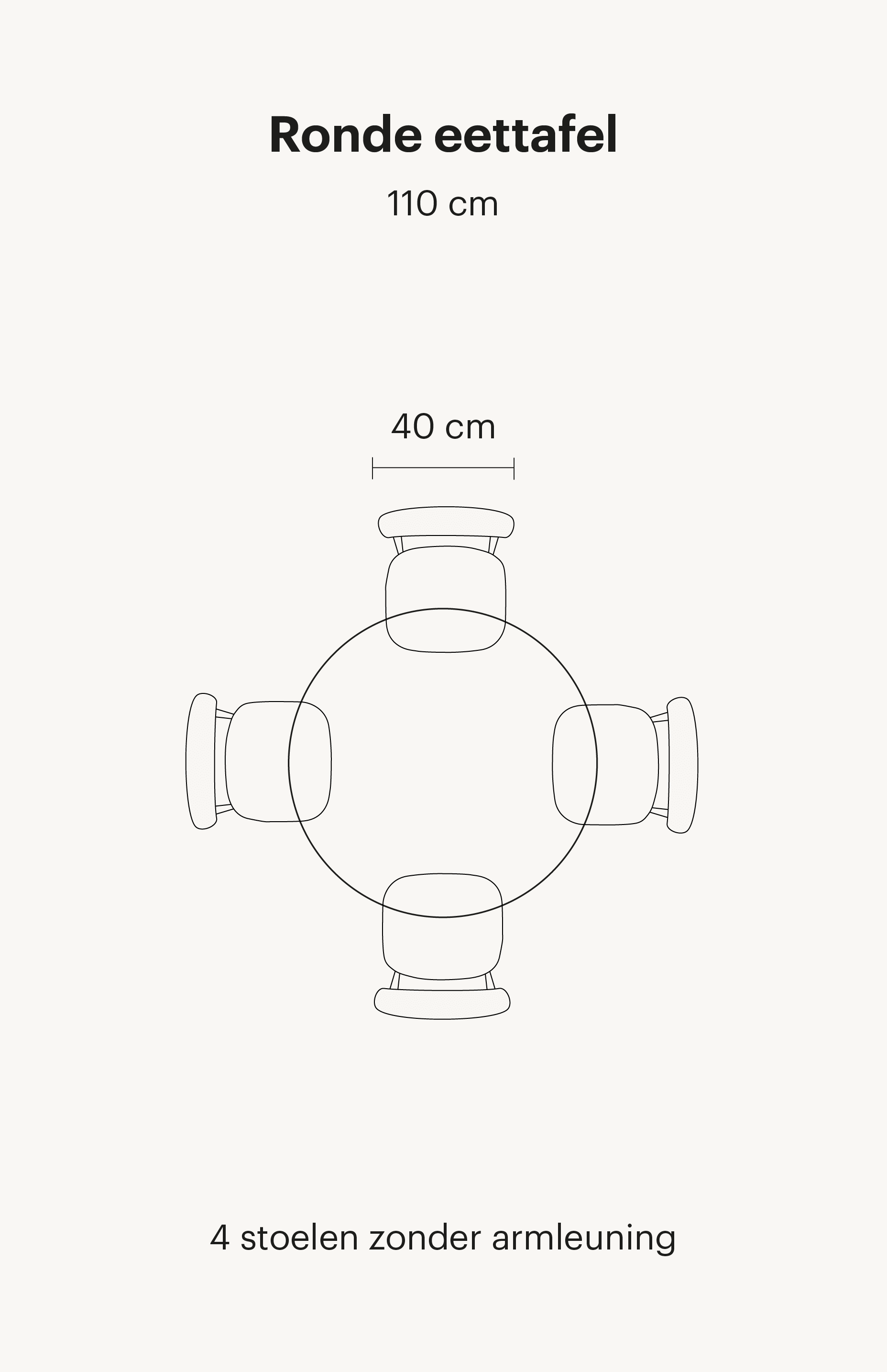 Op deze afbeelding is een ronde eettafel van 110cm te zien. Deze eettafel bevat in totaal 4 eetkamerstoelen zonder armleuningen.