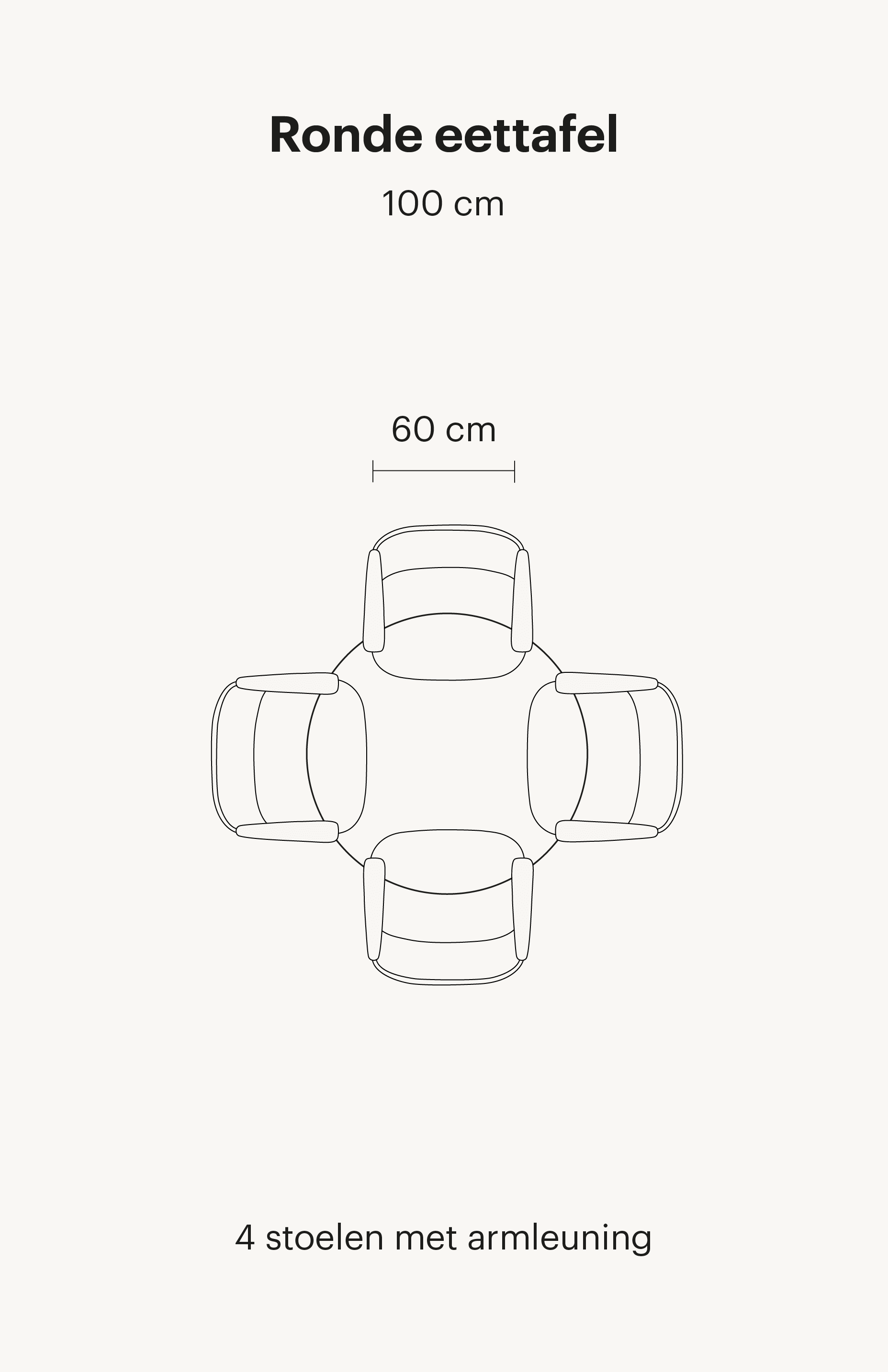 Deze afbeelding laat een ronde eettafel van 100cm zien. Deze eettafel bevat in totaal 4 eetkamerstoelen met armleuningen.