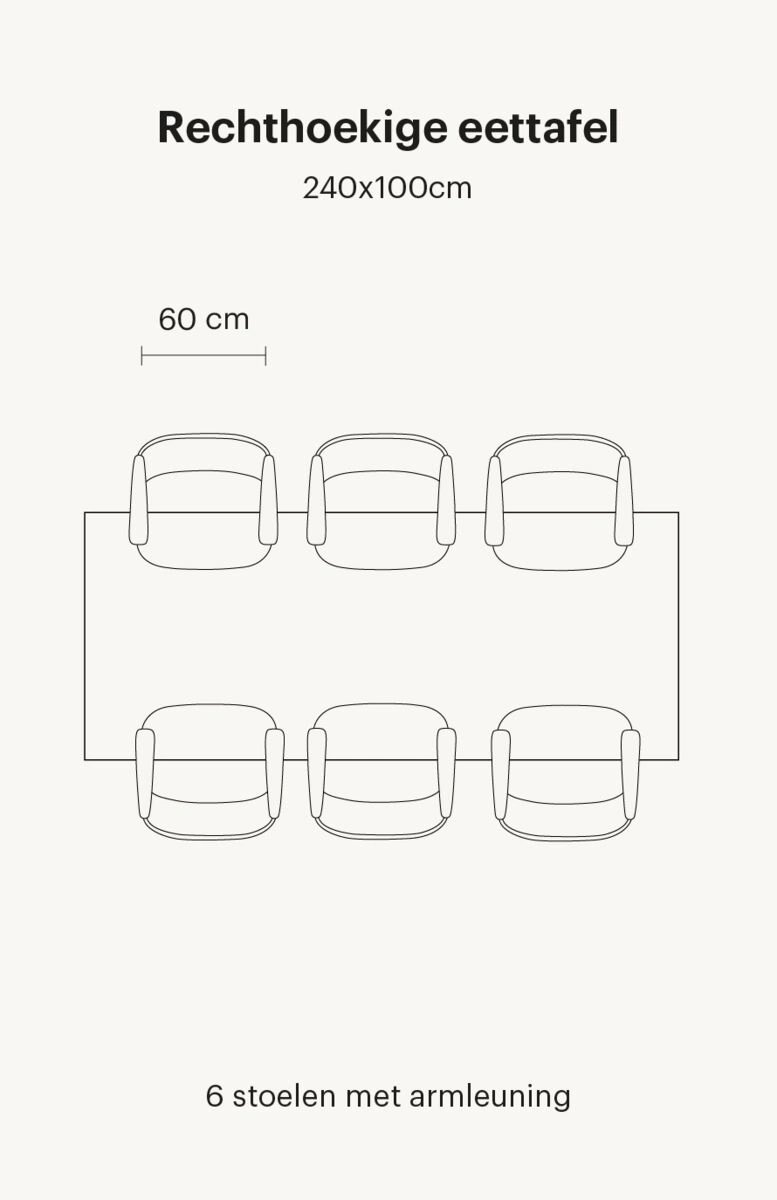 Rechthoekige eettafel van 240 cm met eetkamerstoelen met armleuningen