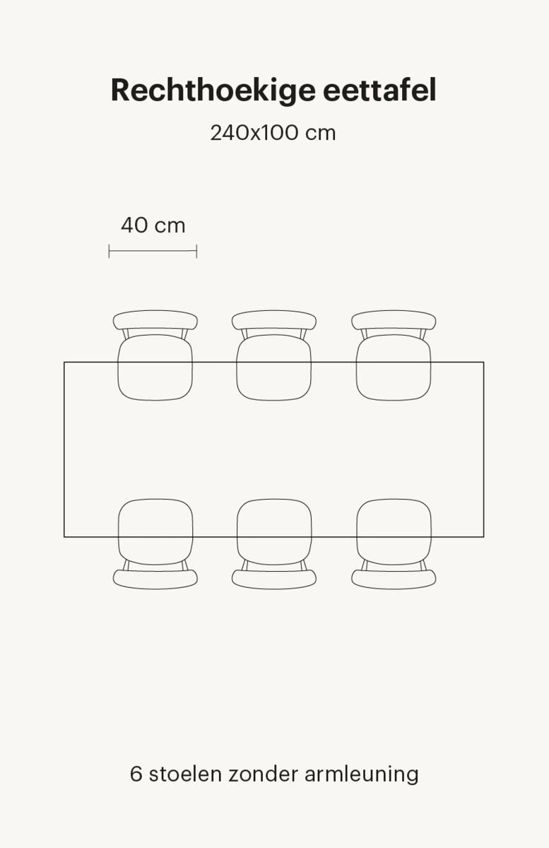 Rechthoekige eettafel van 240 cm voor 6 personen, stoelen zonder armleuning