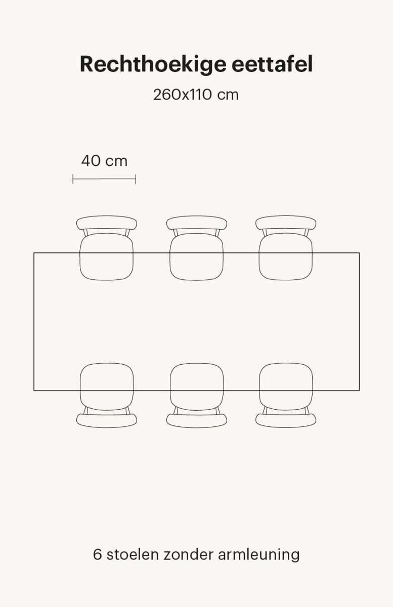 Rechthoekige eettafel van 260 cm, 6 stoelen zonder armleuning