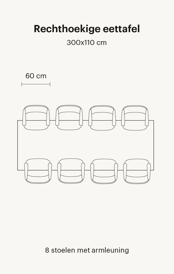 Pictogram van een rechthoekige eettafel voor 8 personen van 300 cm