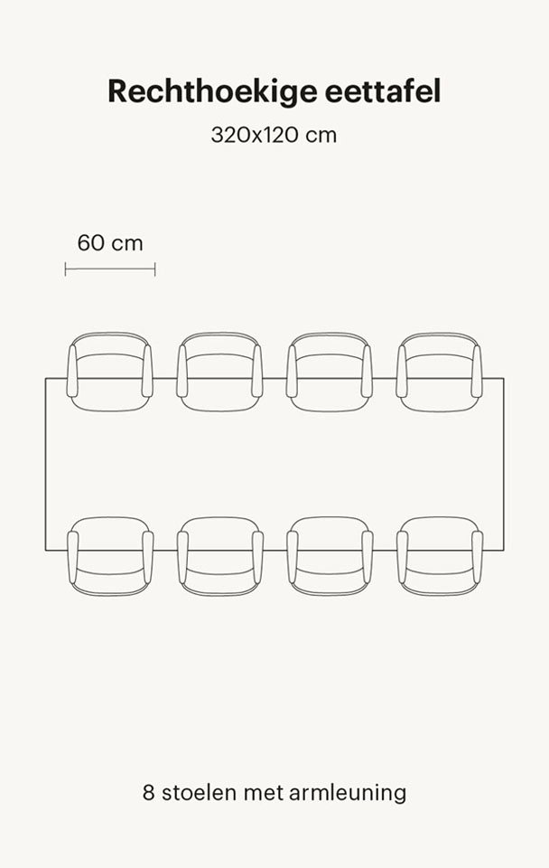 Pictogram van rechthoekige eettafel 8 personen 320 cm