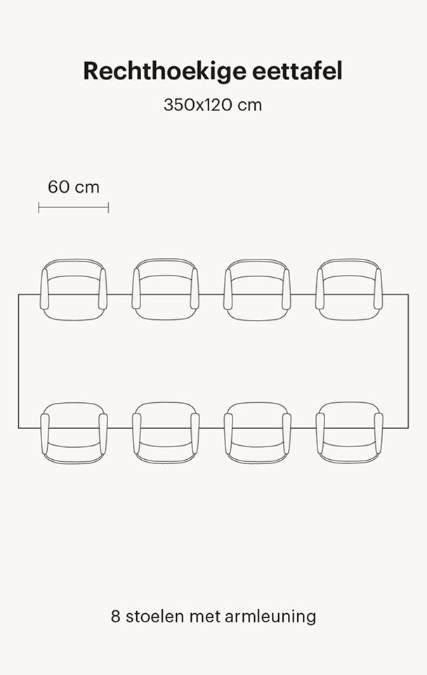 Rechthoekige eettafel voor 8 personen van 350 cm voor stoelen met armleuning