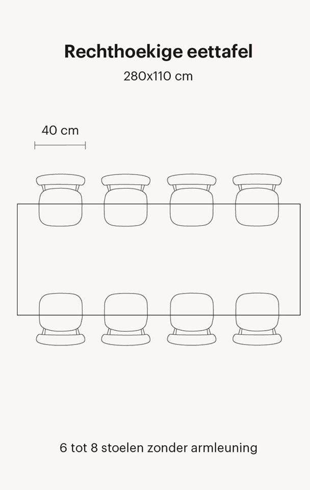 Pictogram van een rechthoekige eettafel van 280 cm voor 8 personen