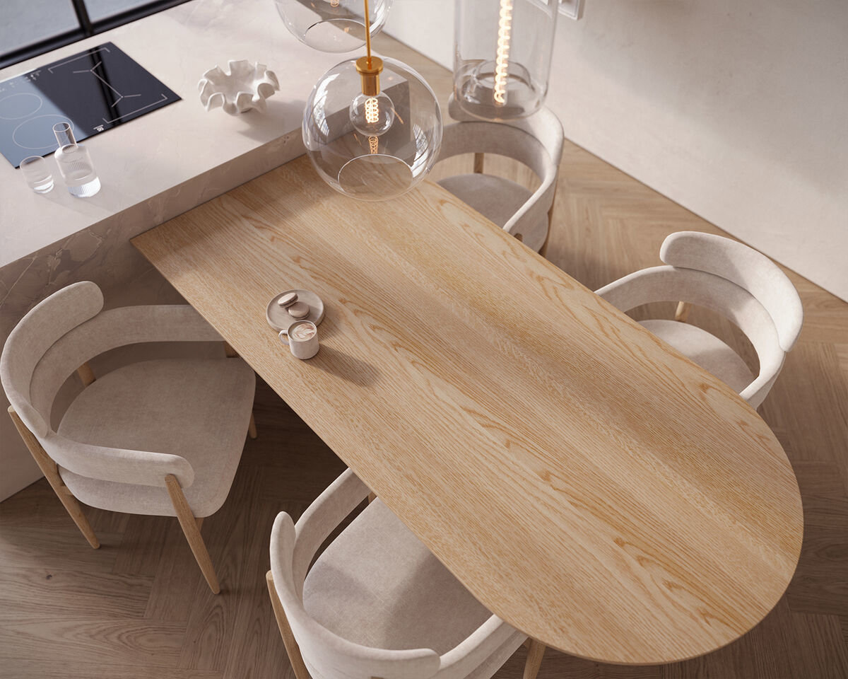 Bovenaanzicht van een eikenhouten eettafel met boogvorm