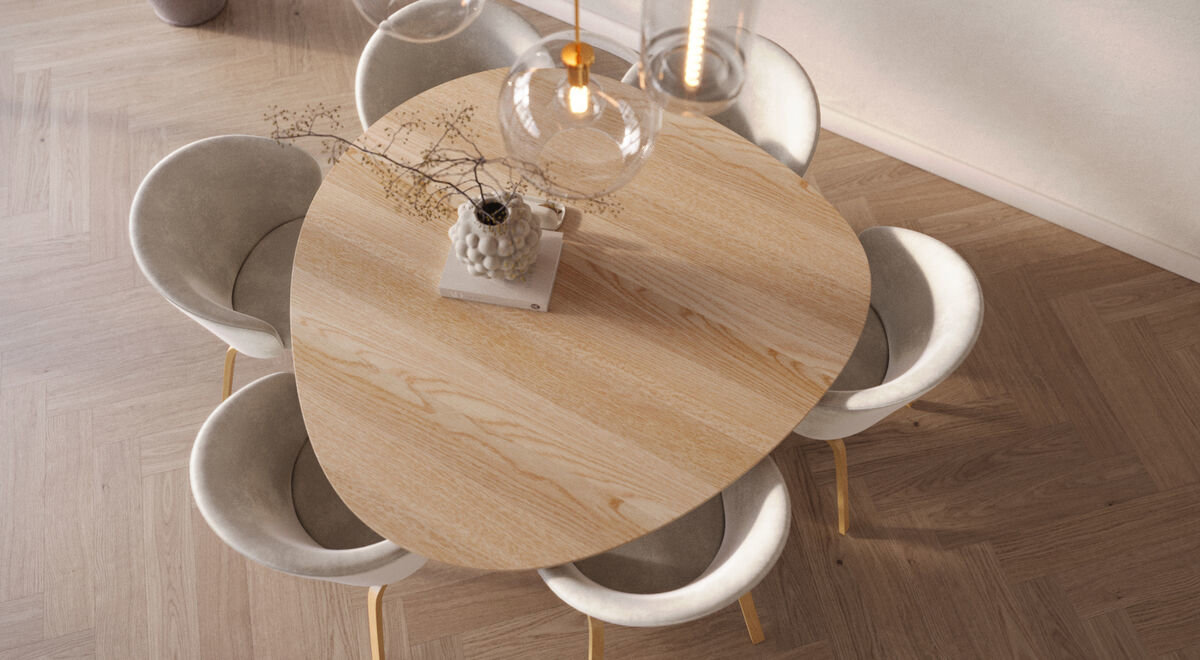 Bovenaanzicht van een organische ronde eettafel met 6 stoelen