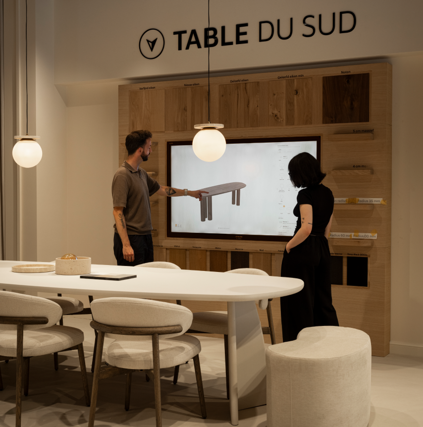 Interieur adviesgesprek 3D configurator eettafel in woonwinkel Table du Sud