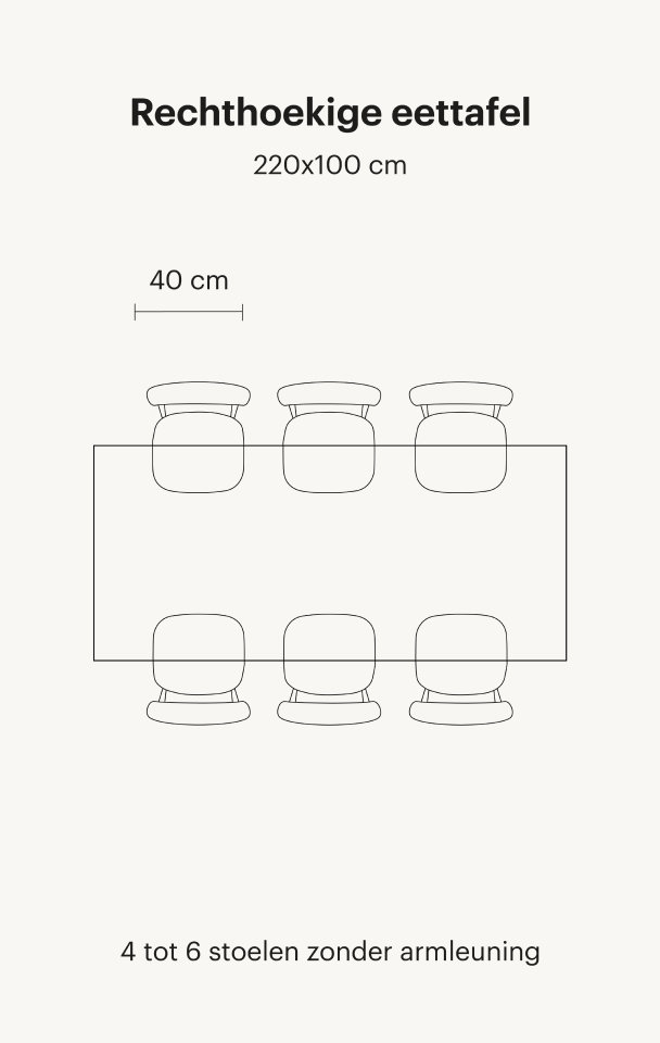 Rechthoekige eettafel in 220 cm voor 6 personen.