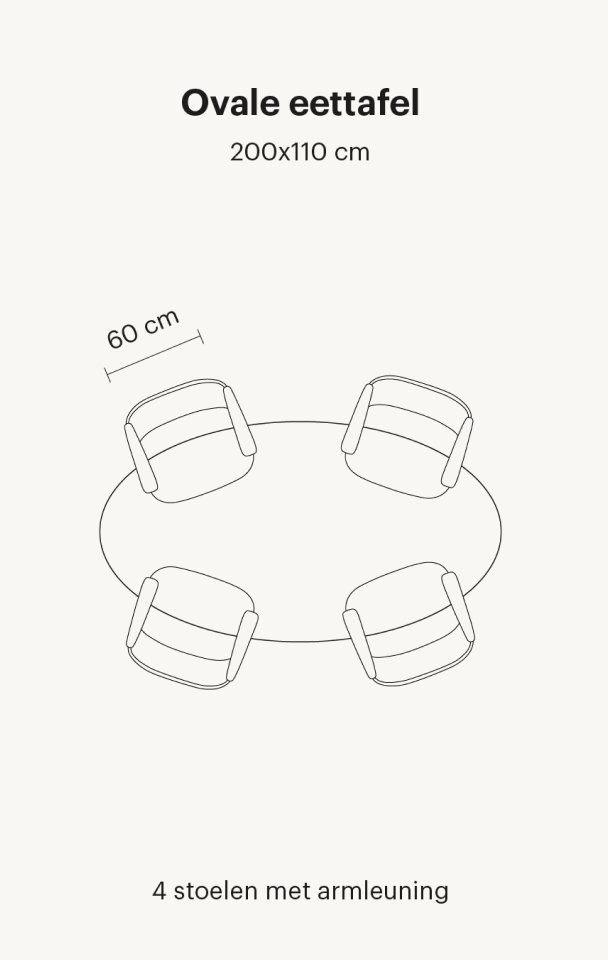Ovale eettafel voor 4 personen in 200 cm