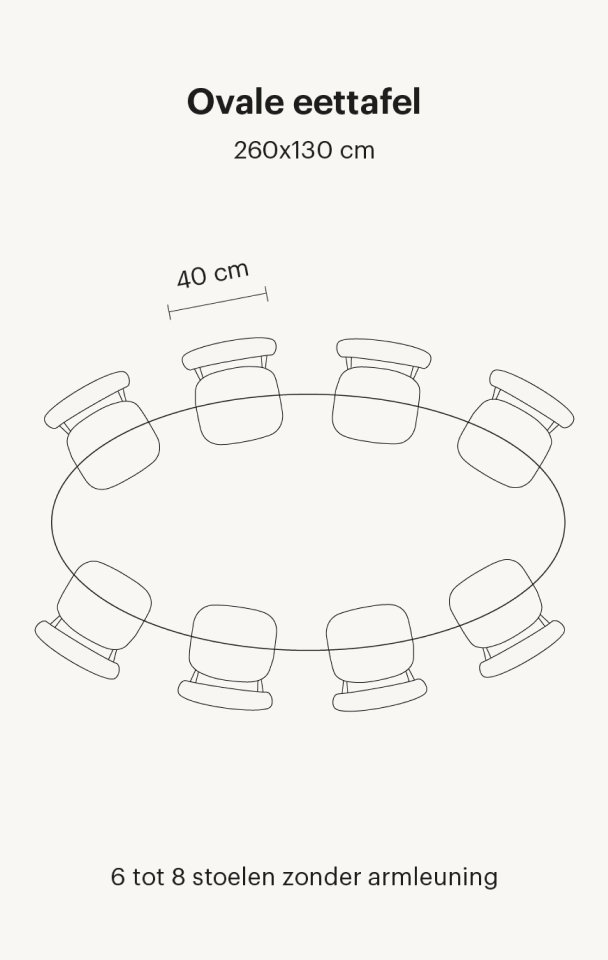 Ovale eettafel voor 6 of 8 personen 260 cm