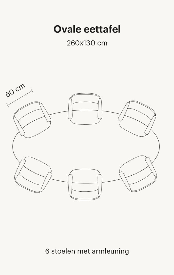 Ovale eettafel van 260 cm lang voor 6 personen