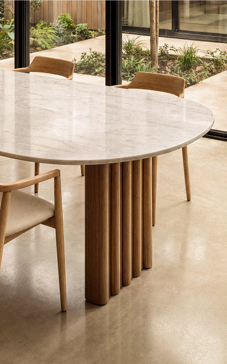 Combinatie van keramiek en eikenhout met de eettafels van Table du Sud