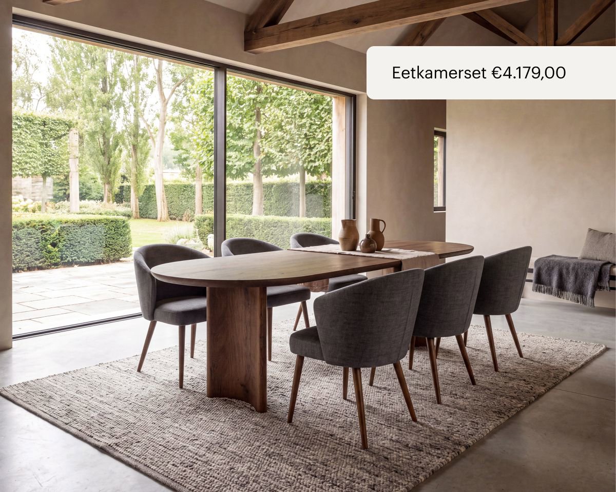 Eetkamerset met eikenhouten eettafel en zes eetkamerstoelen 