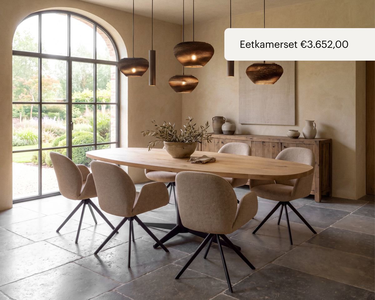 Eetkamerset eikenhouten eettafel met stalen poot en zes eetkamerstoelen