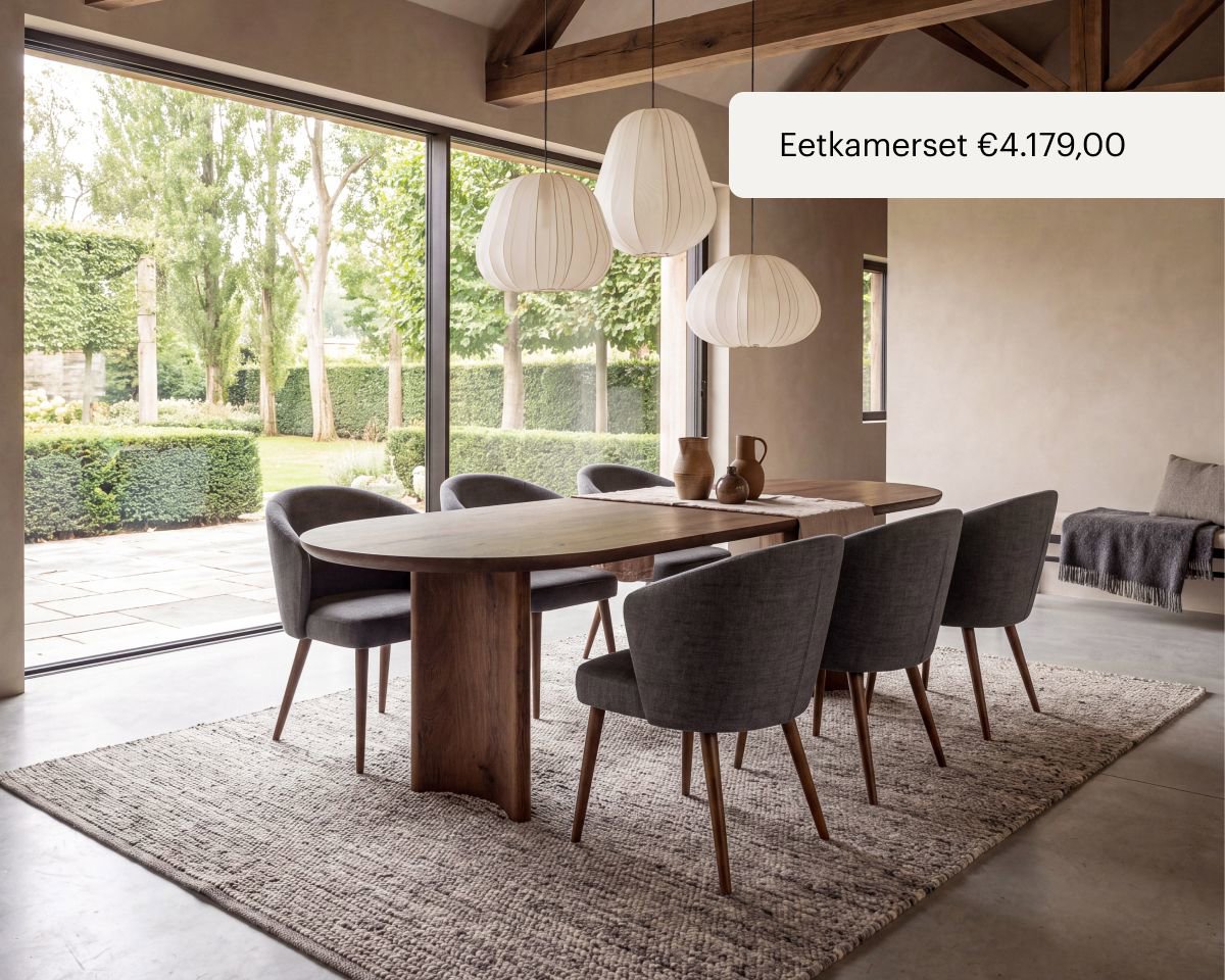 Eetkamerset met eikenhouten eettafel en zes eetkamerstoelen 