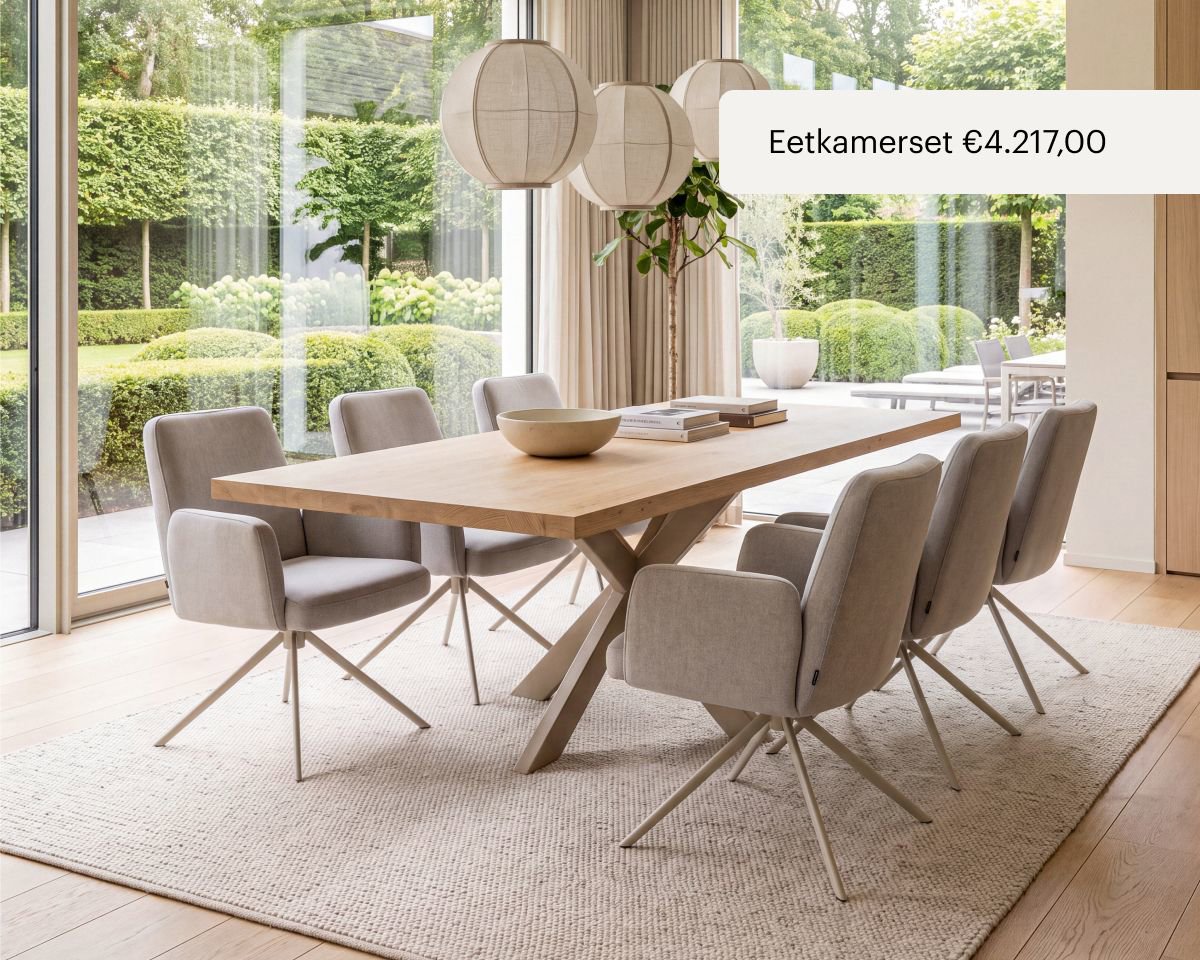 Eettafel met stalen onderstel en zes eetkamerstoelen met bijpassend onderstel van Table du Sud