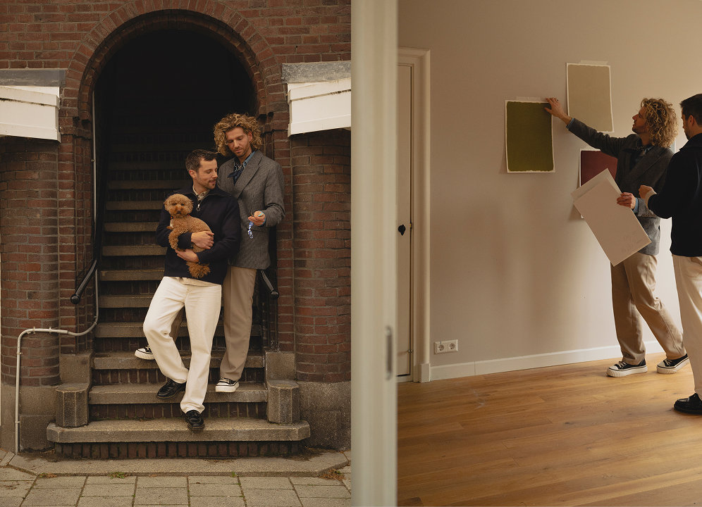 Jurjen Harmsma en André Haasnoot in Amsterdamse woning tijdens maken van het moodboard