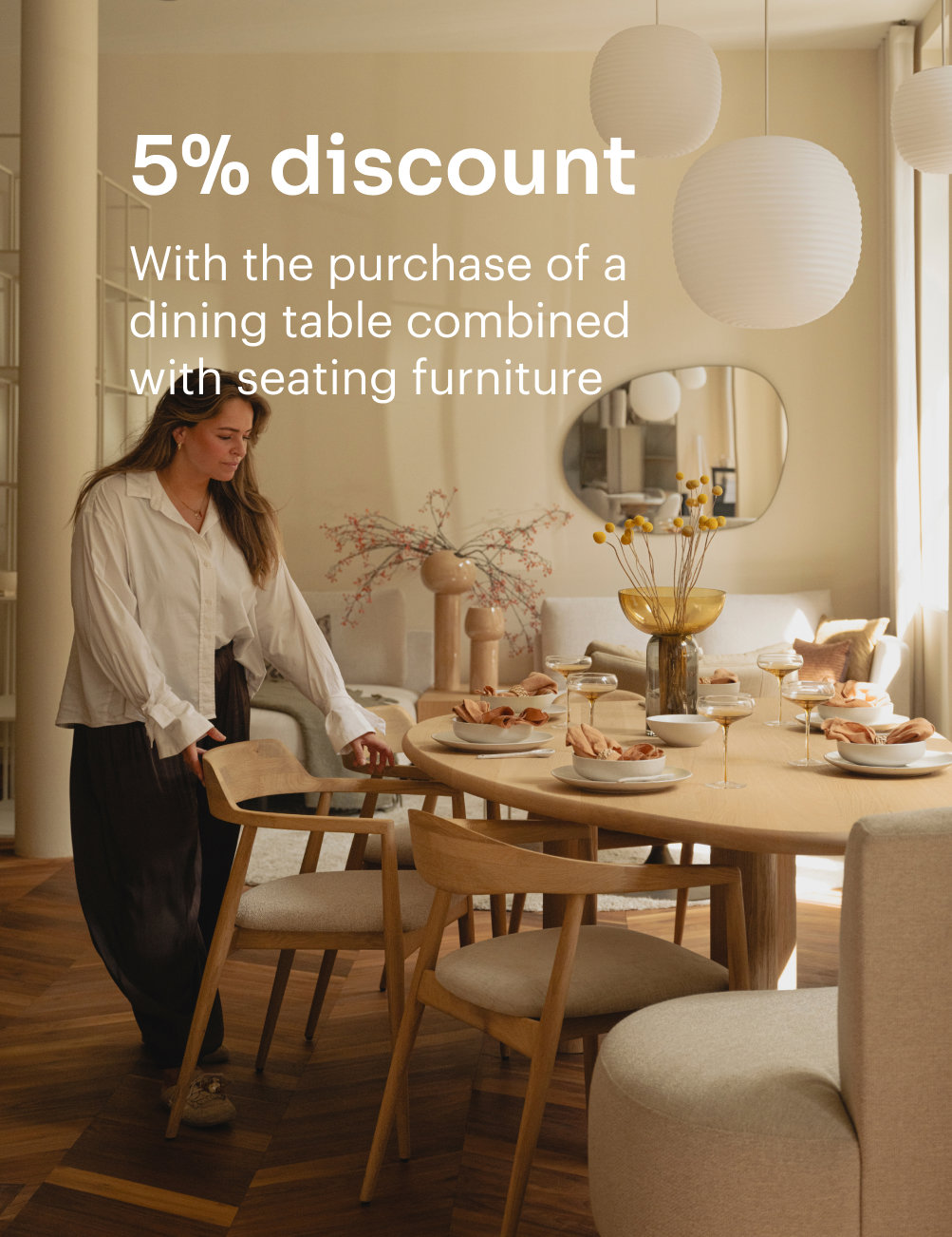 Combinatiekorting op je eetkamerset bij aankoop van een eettafel met eetkamerstoelen of eetkamerbank