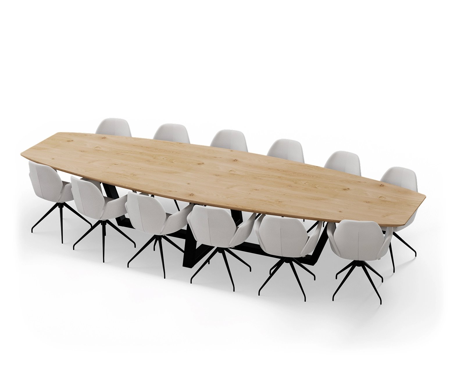Op deze afbeelding is een vergadertafel te zien met een half ovale vorm. Het onderstel bestaat uit een metalen w-poot met daaraan 12 vergaderstoelen.