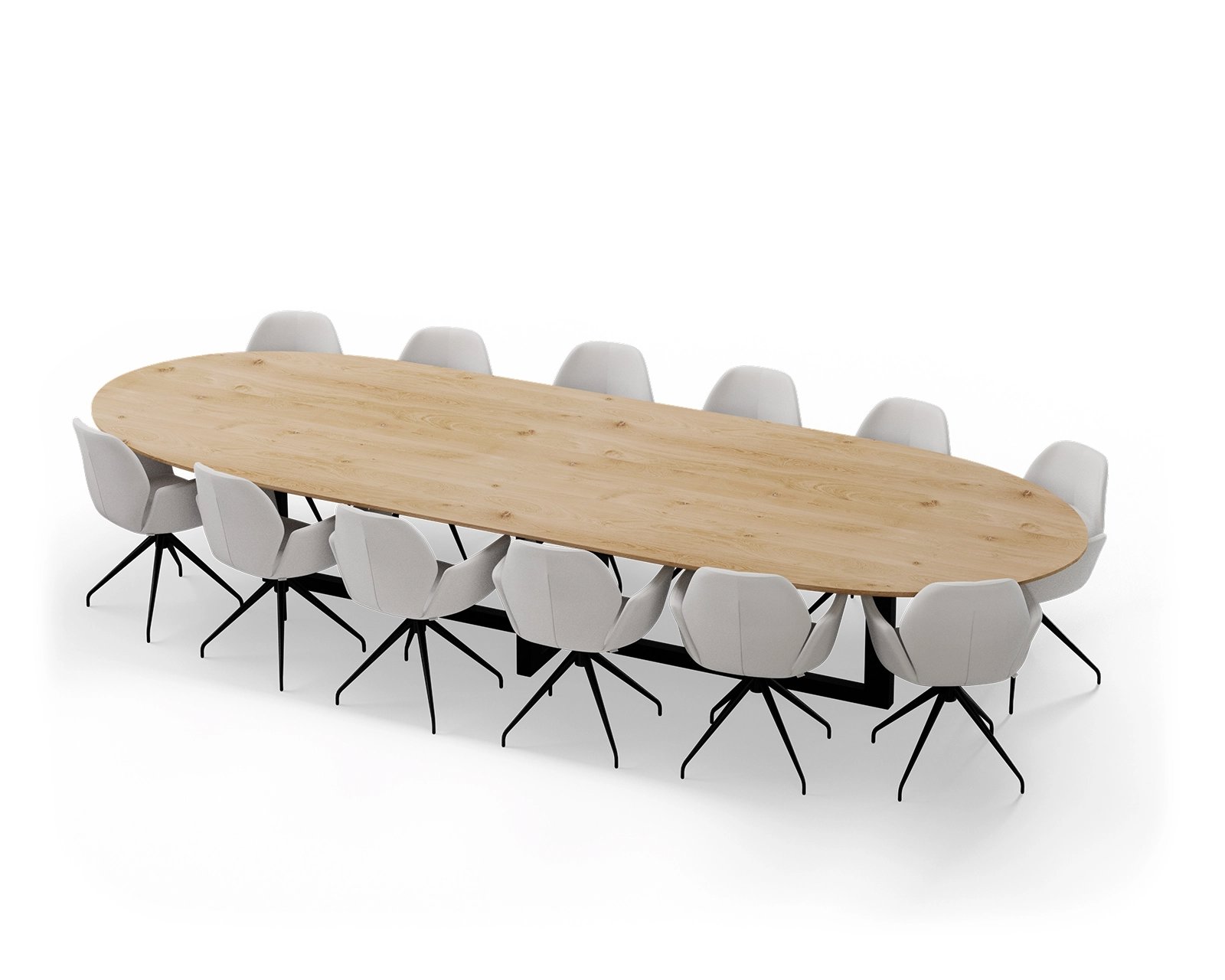 Op deze afbeelding is een vergadertafel te zien met een halve cirkel vorm. Het onderstel bestaat uit een metalen Louise met daaraan 12 vergaderstoelen.