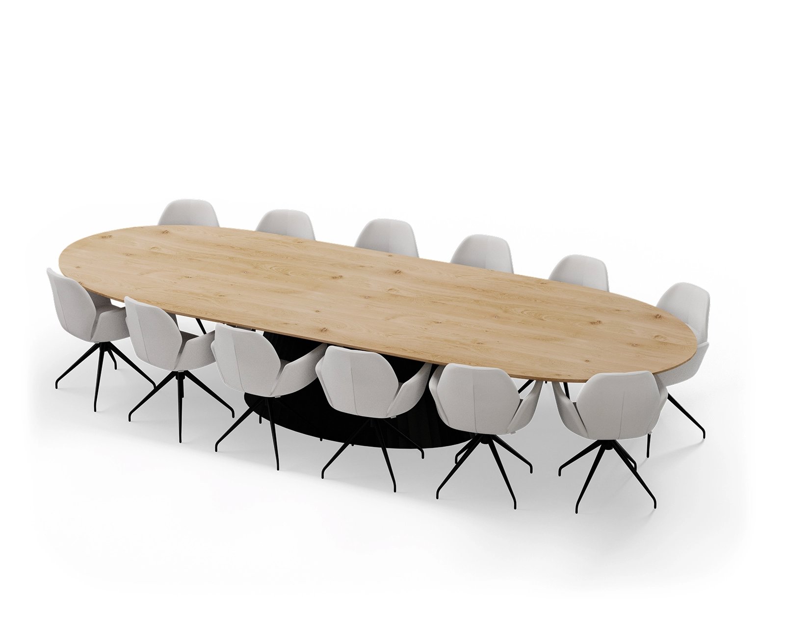 Deze afbeelding is een vergadertafel te zien met een halve cirkel vorm. Het onderstel bestaat uit een metalen Eqone met daaraan 12 vergaderstoelen.