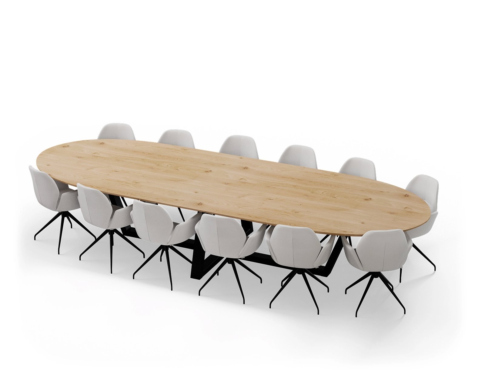 Deze afbeelding is een vergadertafel te zien met een halve cirkel vorm. Het onderstel bestaat uit een metalen w-poot met daaraan 12 vergaderstoelen.