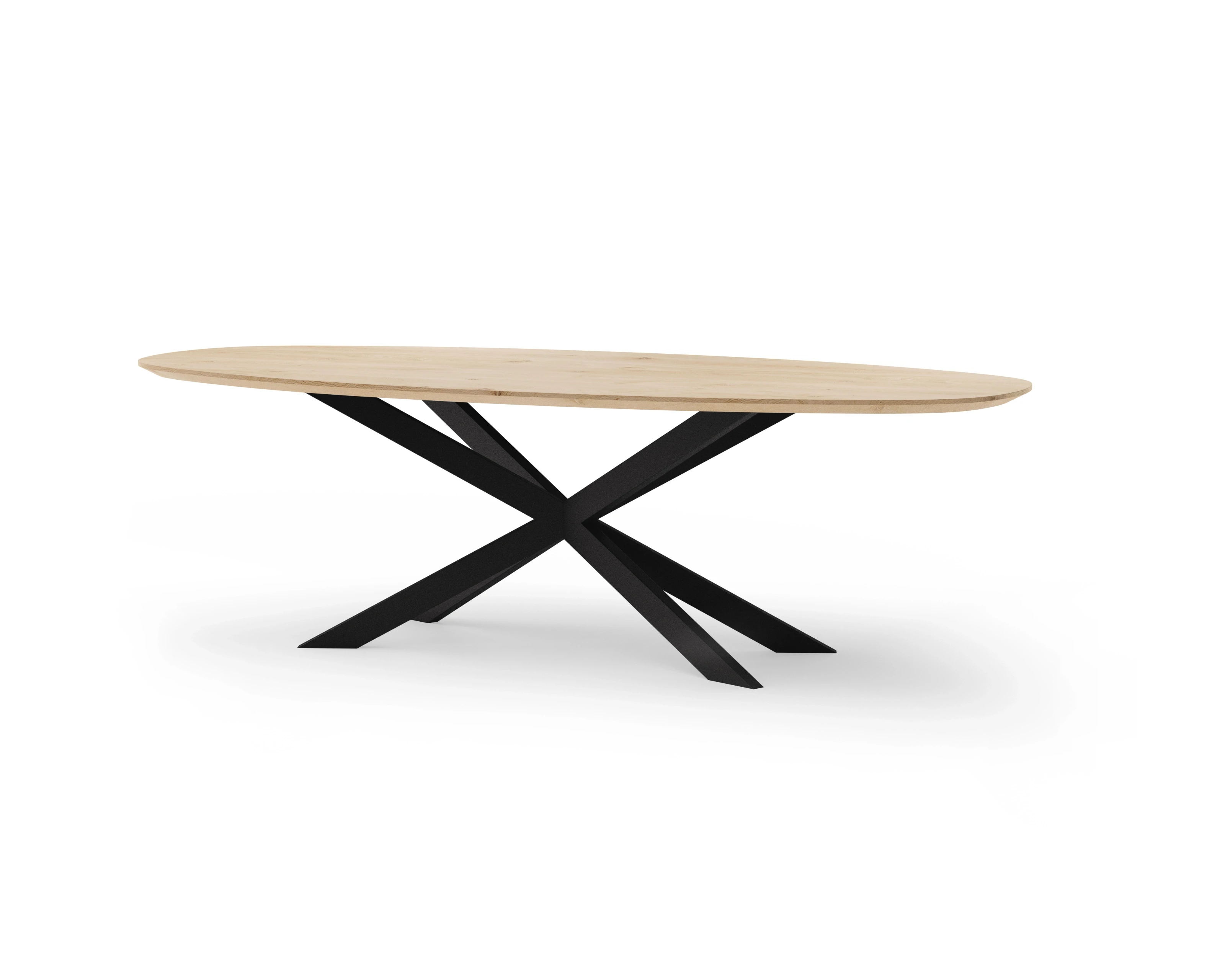 Ovale eikenhouten eettafel Gap in ultra matte lak met de Billy stoelen in Adam stof - papyrus 07.