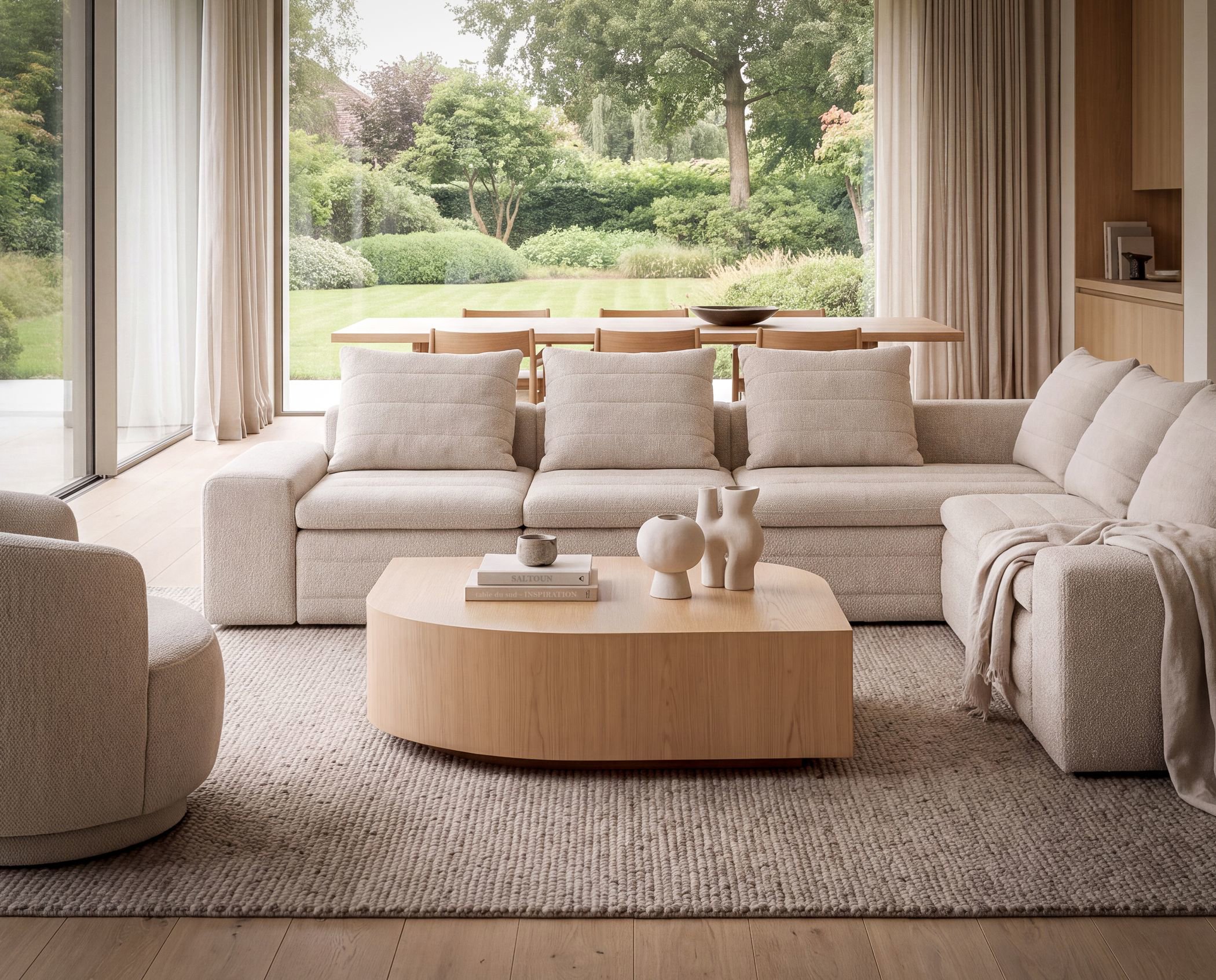 Op deze render is onze Verbania salontafel te zien in Ultra matte lak in eikenhout met een lichte grijze hoekbank. Dit is een sfeeromgeving.
