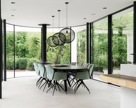 Ovale eettafel eikenhout met onderstel Eminent in sfeervolle woonkamer met Mood stoelen | Table du Sud