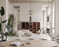 Storm hoekbank in Renegade - natural 01 met fauteuil Amy. Kiezelvormige eiken salontafel Liv Jr. 