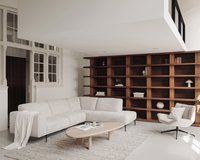 Storm hoekbank in Renegade - natural 01 met fauteuil Amy. Kiezelvormige eiken salontafel Liv Jr. 