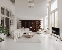 Storm hoekbank in Renegade - natural 01 met fauteuil Amy. Kiezelvormige eiken salontafel Liv Jr. 