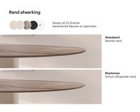 Infografie van onze Ronde keramische eettafel Qone oak met uitleg over de verschillende materialen en patronen van het keramiek.