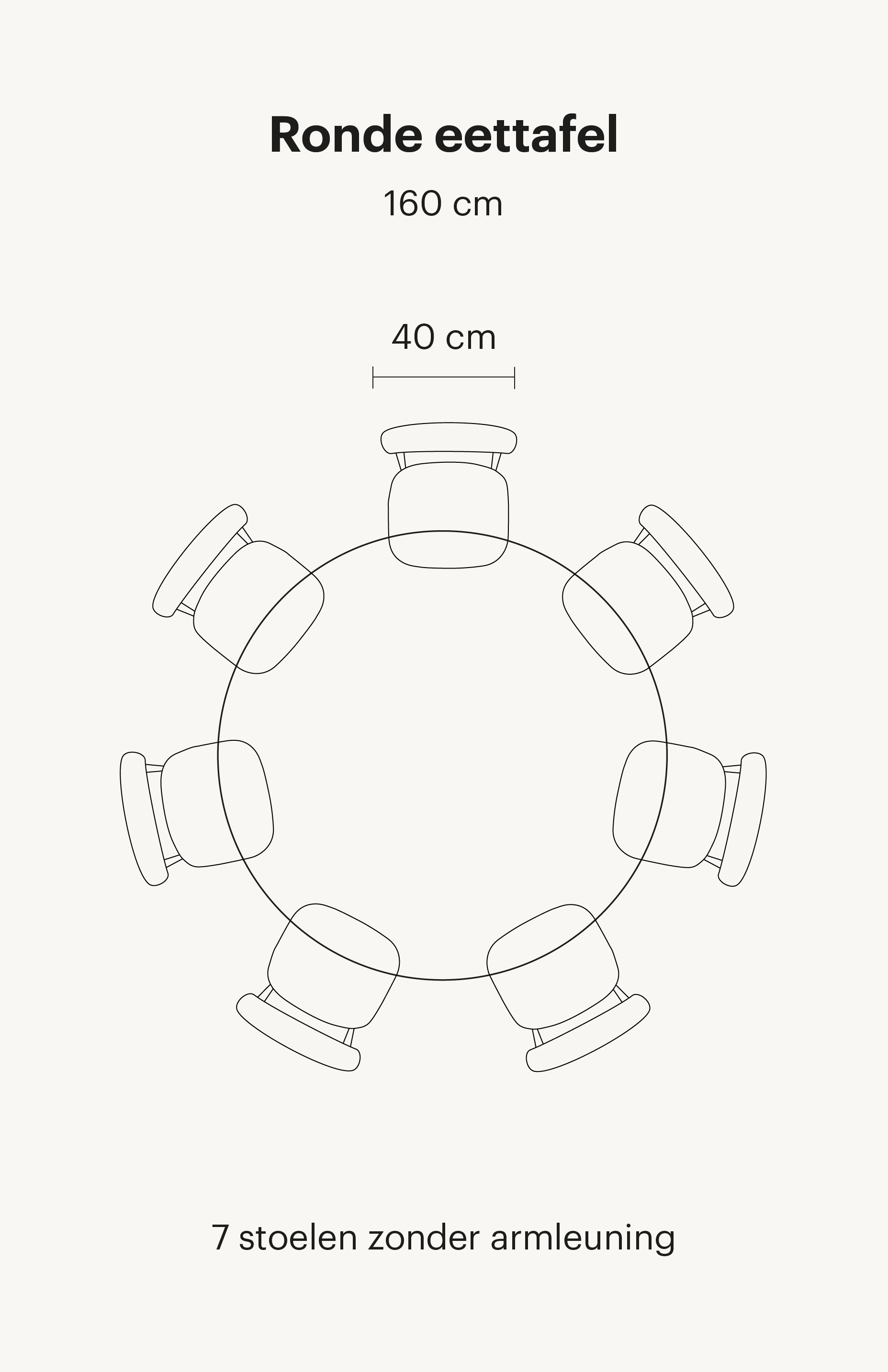 Op deze afbeelding is een ronde eettafel van 160cm te zien. Deze eettafel bevat in totaal 7 stoelen zonder armleuning. 