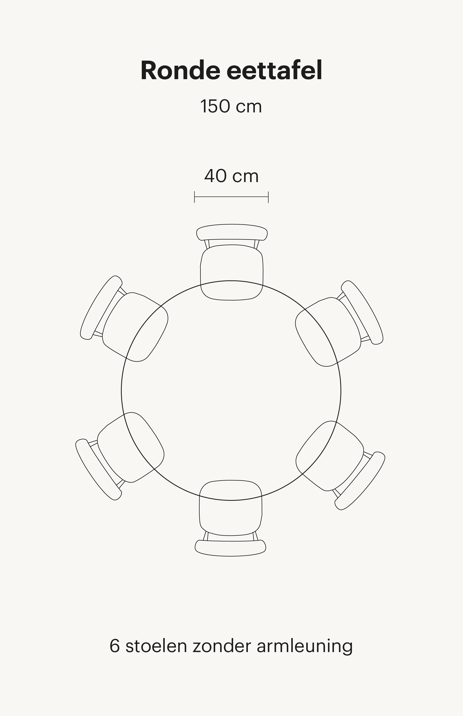 Op deze afbeelding is een ronde eettafel van 150cm te zien. Deze eettafel bevat in totaal 6 stoelen zonder armleuning. 