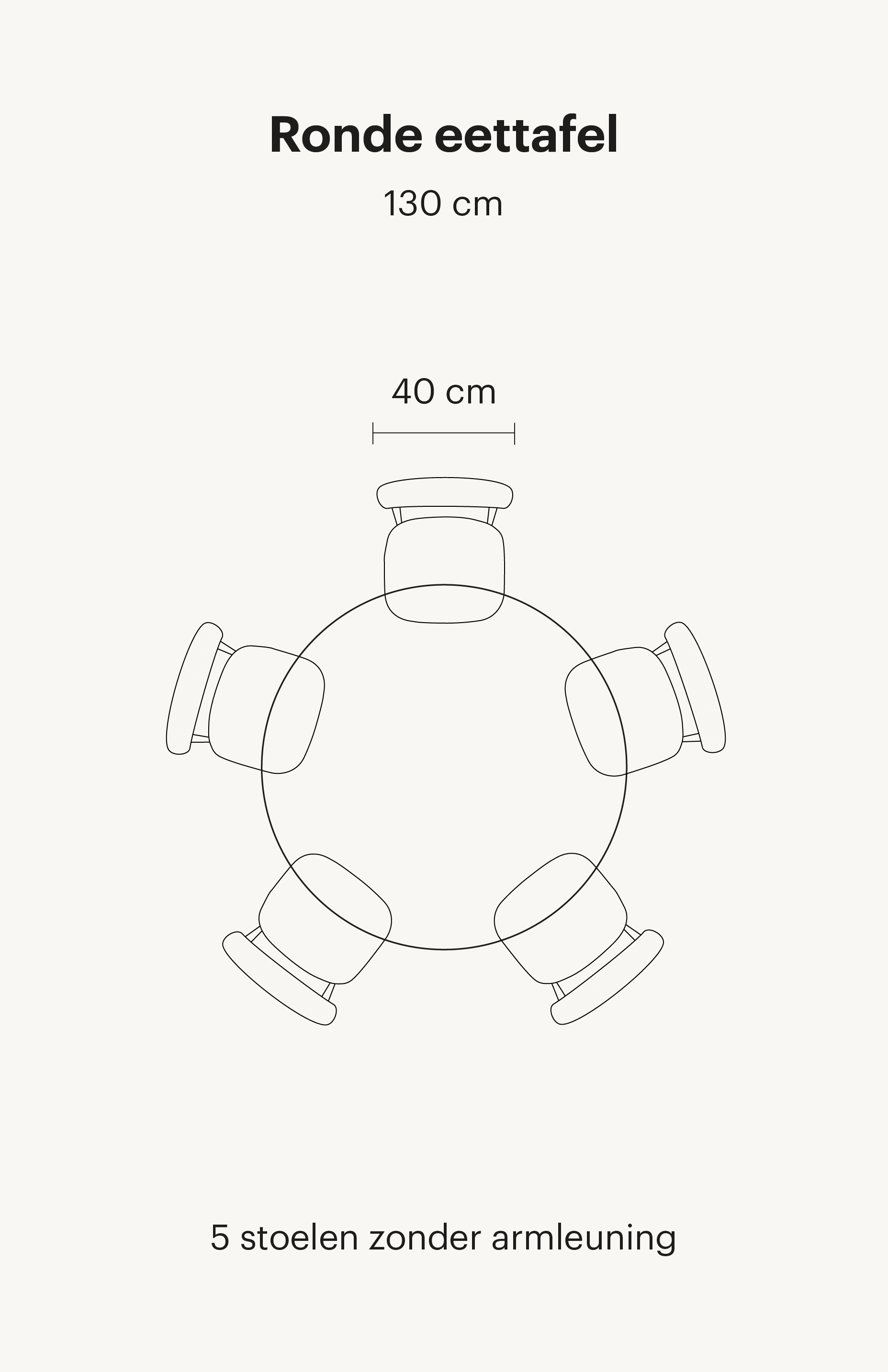 Op deze afbeelding is een ronde eettafel van 130cm te zien. Deze eettafel bevat in totaal 5 eetkamerstoelen zonder armleuningen.