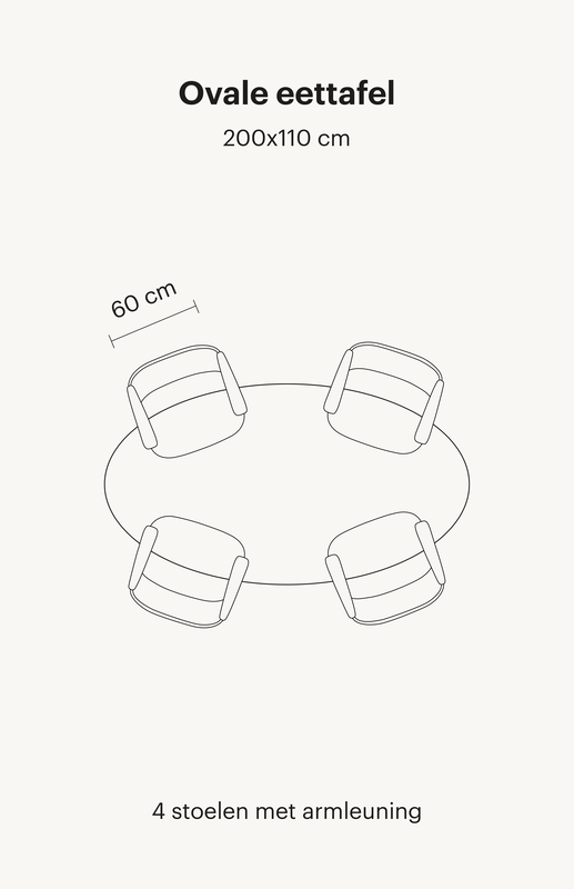 ovale-eettafel-4-personen Zie hier een ovale eettafel van 200x110 cm. Deze eettafel bevat in totaal 4 eetkamerstoelen met armleuningen.