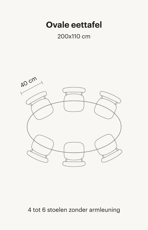 ovale-eettafel-6-personen Zie hier een ovale eettafel van 200x110 cm. Deze eettafel bevat in totaal 6 eetkamerstoelen zonder armleuningen.