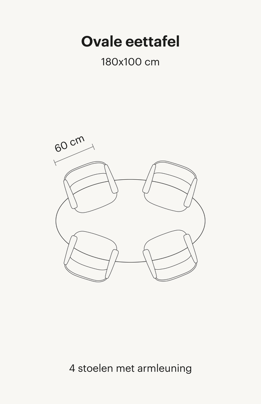ovale-eettafel-4-personen Zie hier een ovale eettafel van 180x100 cm. Deze eettafel bevat in totaal 4 eetkamerstoelen zonder armleuningen.