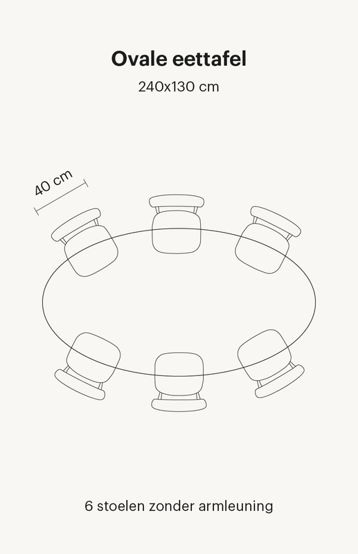ovale-eettafel-6-personen Zie hier een ovale eettafel van 240x130 cm. Deze eettafel bevat in totaal 6 eetkamerstoelen zonder armleuningen.