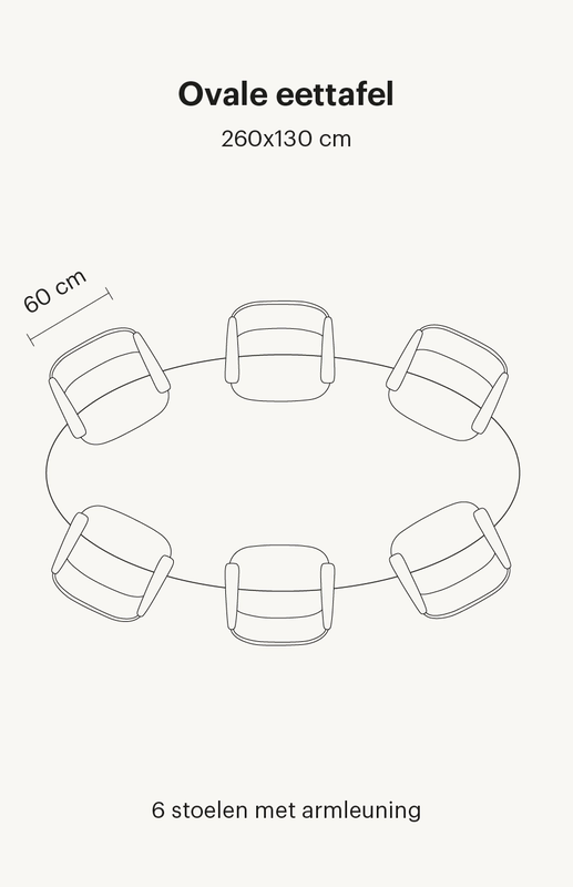 ovale-eettafel-6-personen Zie hier een ovale eettafel van 260x130 cm. Deze eettafel bevat in totaal 6 eetkamerstoelen met armleuningen.