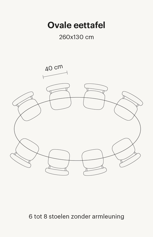 ovale-eettafel-6-personen Zie hier een ovale eettafel van 260x130 cm. Deze eettafel bevat in totaal 6 eetkamerstoelen zonder armleuningen.