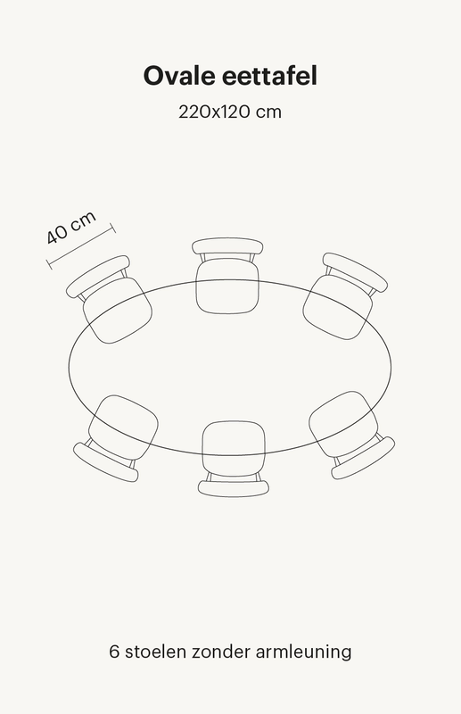 ovale-eettafel-6-personen Zie hier een ovale eettafel van 220x120 cm. Deze eettafel bevat in totaal 6 eetkamerstoelen zonder armleuningen.