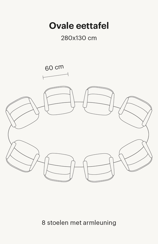 ovale-eettafel-8-personen Zie hier een ovale eettafel van 280x130 cm. Deze eettafel bevat in totaal 8 eetkamerstoelen met armleuningen.
