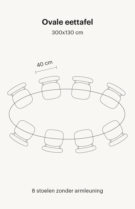 ovale-eettafel-8-personen Zie hier een ovale eettafel van 300x130 cm. Deze eettafel bevat in totaal 8 eetkamerstoelen zonder armleuningen.
