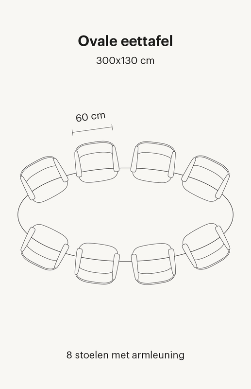 ovale-eettafel-8-personen Zie hier een ovale eettafel van 300x130 cm. Deze eettafel bevat in totaal 8 eetkamerstoelen met armleuningen.