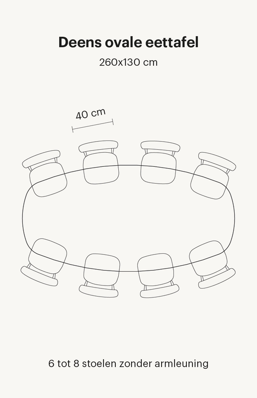 deens-ovale-eettafel-8-personen Zie hier een Deens ovale eettafel van 260x130 cm. Deze eettafel bevat in totaal 8 eetkamerstoelen met armleuningen.