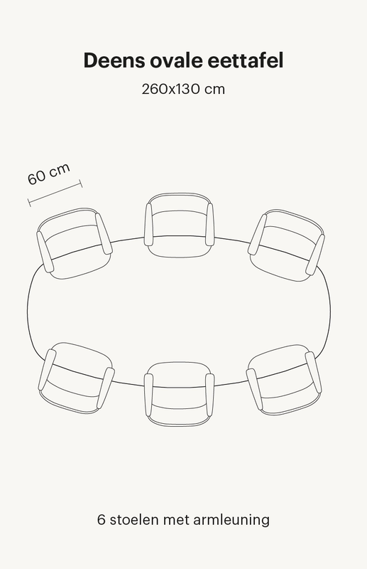 deens-ovale-eettafel-6-personen Zie hier een Deens ovale eettafel van 260x130 cm. Deze eettafel bevat in totaal 6 eetkamerstoelen met armleuningen.